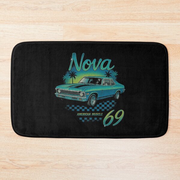 Item preview, 1969 Chevy Nova American Muscle Car – Retro Teal Illustration with Palm Trees and Checker Art designed and sold by TheArtOfCar.