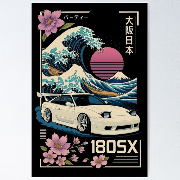 Item preview, JDM Nissan 180SX Osaka Drift Art – Great Wave, Sakura, and Retro Japanese Style designed and sold by TheArtOfCar.