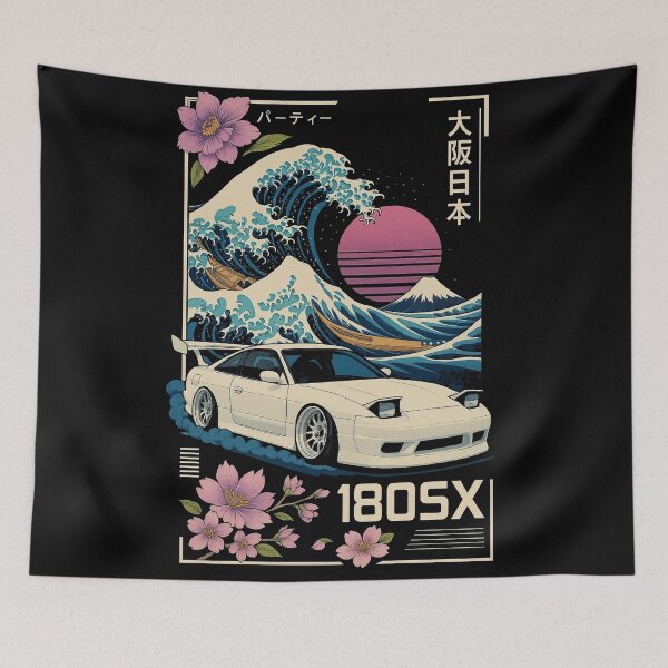 Item preview, JDM Nissan 180SX Osaka Drift Art – Great Wave, Sakura, and Retro Japanese Style designed and sold by TheArtOfCar.