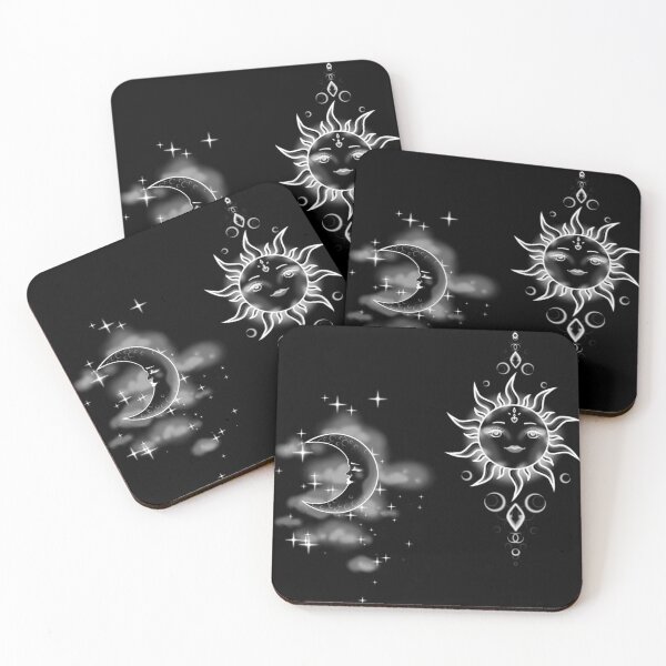 Item preview, Moon and sun in white with stars and clouds, on a black background designed and sold by katecheerycake.