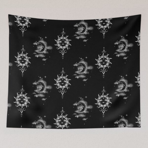 Item preview, Moon and sun in white with stars and clouds, on a black background designed and sold by katecheerycake.