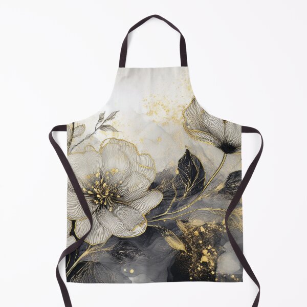 Item preview, VINTAGE FLOWERS black white and gold, wildflower watercolour garden, monochrome alcohol ink effect, black and white floral spring painting designed and sold by navitalidesign.
