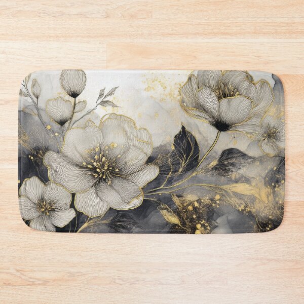 Item preview, VINTAGE FLOWERS black white and gold, wildflower watercolour garden, monochrome alcohol ink effect, black and white floral spring painting  designed and sold by navitalidesign.