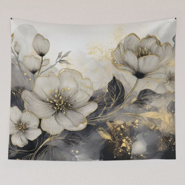 Item preview, VINTAGE FLOWERS black white and gold, wildflower watercolour garden, monochrome alcohol ink effect, black and white floral spring painting  designed and sold by navitalidesign.
