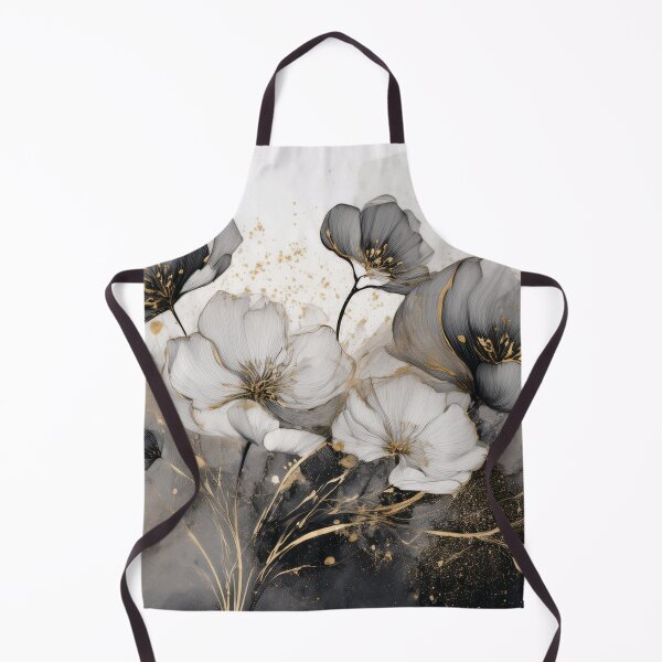 Item preview, VINTAGE FLOWERS black white and gold 2, wildflower watercolour garden, monochrome alcohol ink effect, black and white floral spring painting designed and sold by navitalidesign.