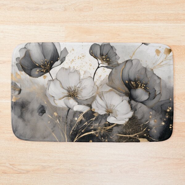 Item preview, VINTAGE FLOWERS black white and gold 2, wildflower watercolour garden, monochrome alcohol ink effect, black and white floral spring painting  designed and sold by navitalidesign.