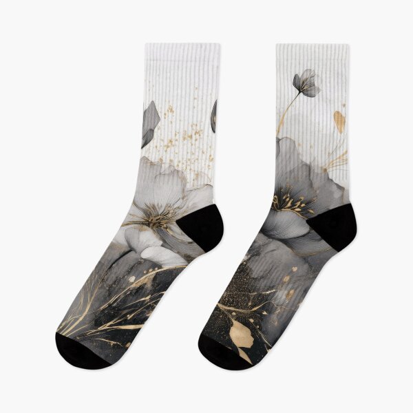 Item preview, VINTAGE FLOWERS black white and gold 2, wildflower watercolour garden, monochrome alcohol ink effect, black and white floral spring painting  designed and sold by navitalidesign.