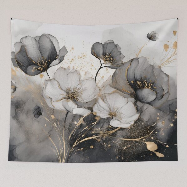Item preview, VINTAGE FLOWERS black white and gold 2, wildflower watercolour garden, monochrome alcohol ink effect, black and white floral spring painting  designed and sold by navitalidesign.