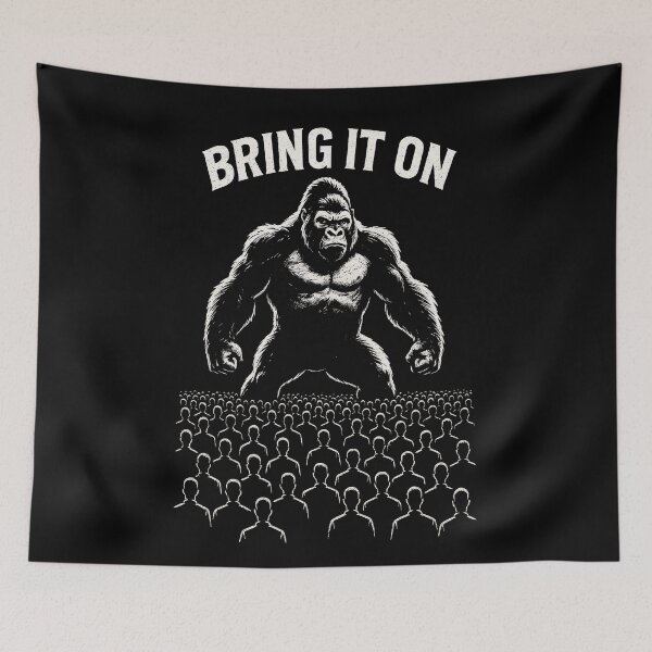 Item preview, Epic Silverback Gorilla vs 100 Men "Bring It On" Battle Illustration Graphic T-Shirt – Bold Black and White Battle Design for Animal Lovers & Gym Warriors designed and sold by Motifai.