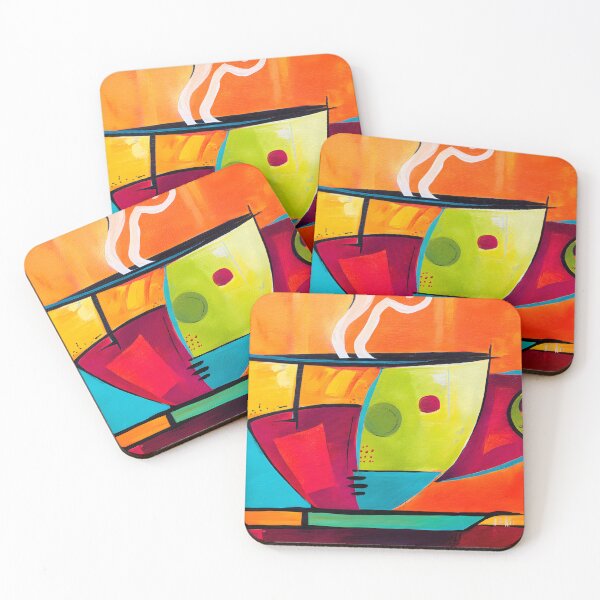 Item preview, Energize Your Senses - A Steaming Cup and Saucer Explodes with Bold Geometric Colors designed and sold by OlfactoART Studio.