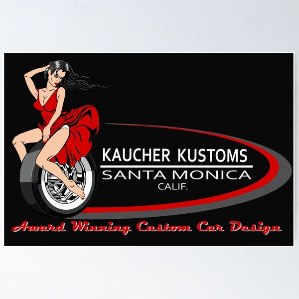 Venice Beach Speed Shop/Kaucher Kustoms Girl on the Wheel on blk – Santa Monica Poster