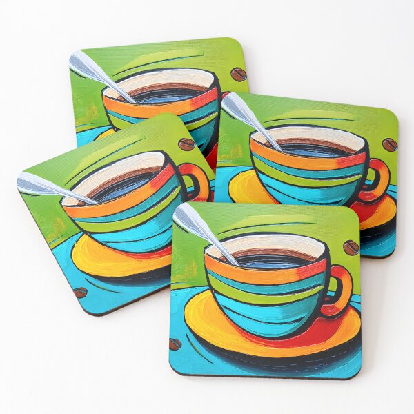 Item preview, Vibrant Stripes and Coffee - A Colorful Cup Filled with Brew, Set Against a Bold Green and Blue designed and sold by OlfactoART Studio.