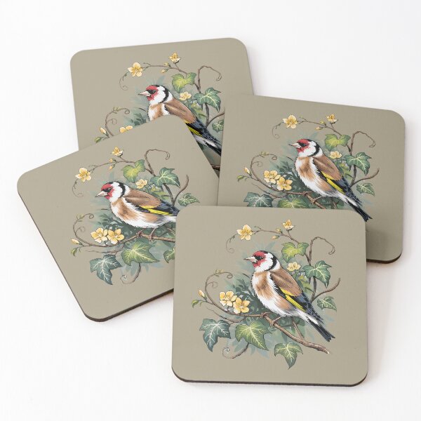 Item preview, European Goldfinch with Ivy and Pale Yellow Blooms designed and sold by BirdsnStuff.