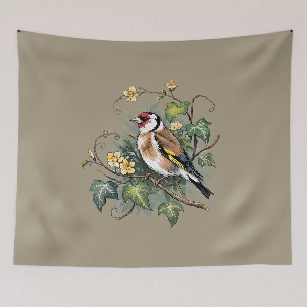 Item preview, European Goldfinch with Ivy and Pale Yellow Blooms designed and sold by BirdsnStuff.