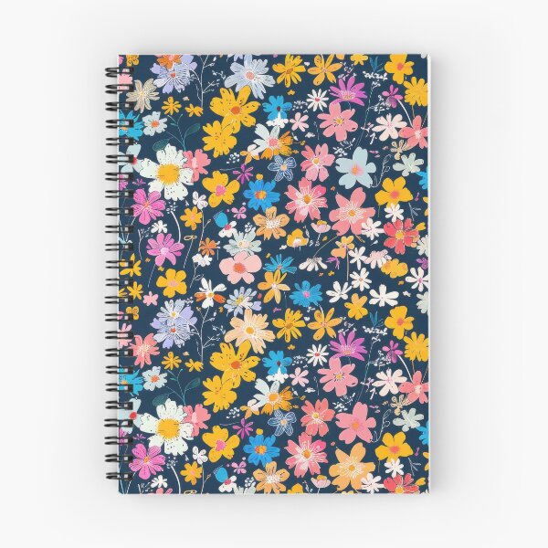 Artikelvorschau, Verspielte rosa, gelbe und blaue Blumen auf Moody Midnight entworfen und verkauft von YourPrettyHome.