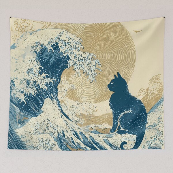 Item preview, Black Cat Riding the Ancient Wave ✨ designed and sold by Cat-Wave-Dream.