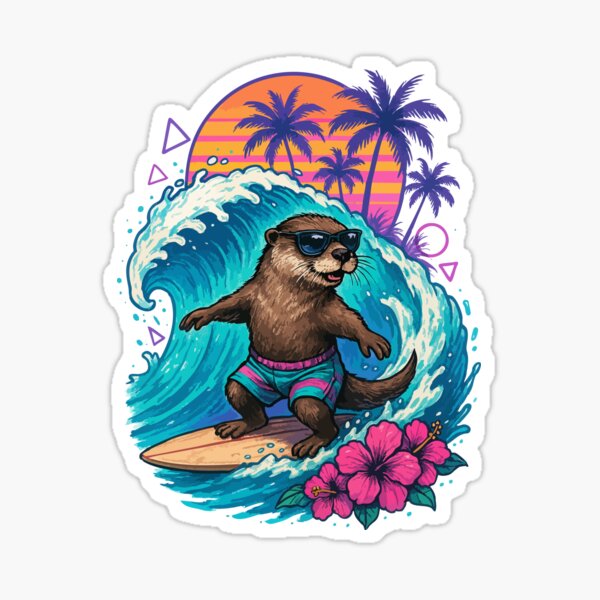 Aperçu de l'œuvre Loutre drôle surfeur vague été rétro créée et vendue par TomFrontierArt.