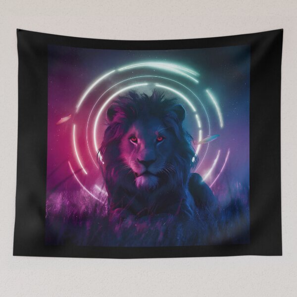 Item preview, Lion in a meadow illuminated with neon colors designed and sold by Paul-Place.