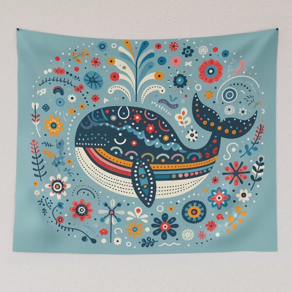 Item preview, Scandinavian Folk Art Cute Patterned Blue Whale by heidiannemorris © designed and sold by FOLK ART FUSION by heidiannemorris.