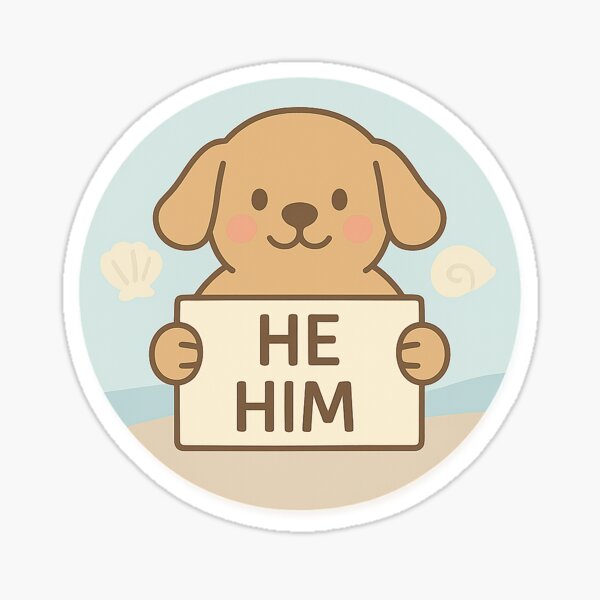 Aperçu de l'œuvre Badge pronom « Il/Lui » – Chien de dessin animé créée et vendue par Queer Designs.