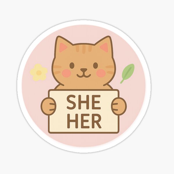 Aperçu de l'œuvre Badge pronom « Elle/Elle » – Chat de dessin animé créée et vendue par Queer Designs.