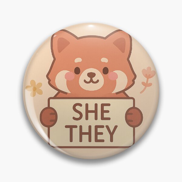 Item preview, She/They Pronoun Badge – Cartoon Red Panda designed and sold by Queer Designs.