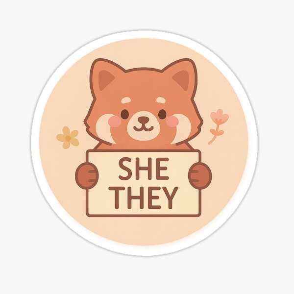 Aperçu de l'œuvre Badge pronom elle/ils – Panda roux de dessin animé créée et vendue par Queer Designs.