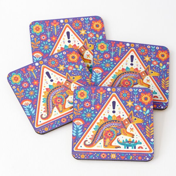 Item preview, Scandinavian Folk Art - Cute Kangaroo Stegosaurus Road Crossing Warning Triangle by heidiannemorris © designed and sold by FOLK ART FUSION.