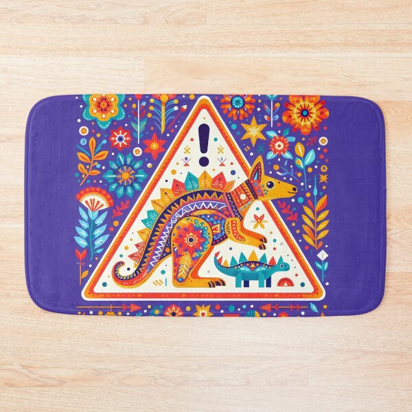 Item preview, Scandinavian Folk Art - Cute Kangaroo Stegosaurus Road Crossing Warning Triangle by heidiannemorris © designed and sold by FOLK ART FUSION by heidiannemorris.