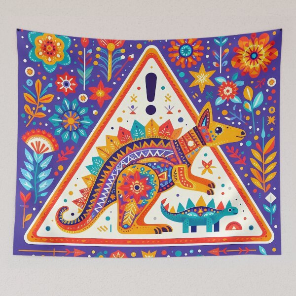 Item preview, Scandinavian Folk Art - Cute Kangaroo Stegosaurus Road Crossing Warning Triangle by heidiannemorris © designed and sold by FOLK ART FUSION by heidiannemorris.