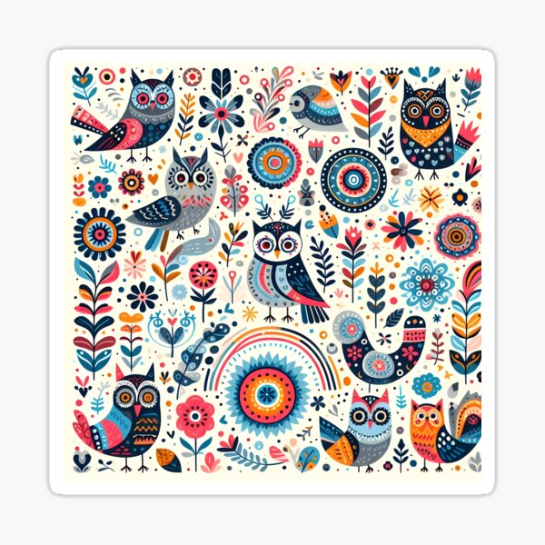 Item preview, Scandinavian Folk Art Cute Colourful Owls by heidiannemorris © designed and sold by FOLK ART FUSION by heidiannemorris.