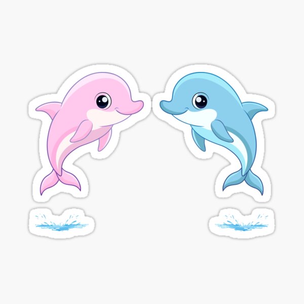 Two twin baby dolphins, blue and pink, jumping happily Glossy Sticker