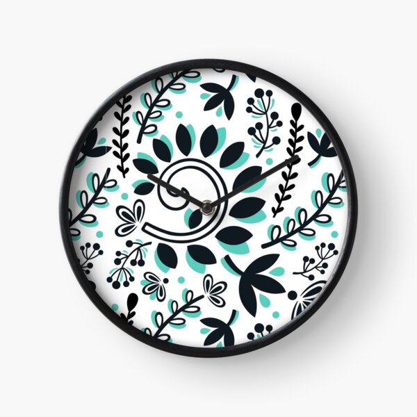 Vine and Leaf Motif Pattern (Black and Turquoise) Clock