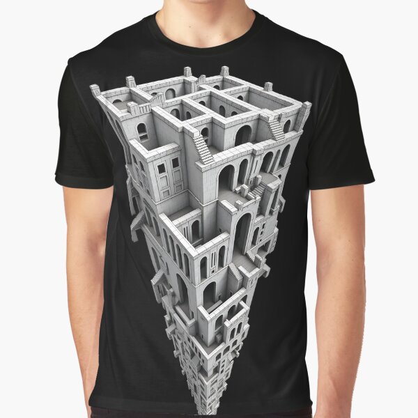 Aperçu de l'œuvre T-shirt « Cité en chute libre » inspiré d'Escher | Illusion urbaine impossible | T-shirt d'art optique créée et vendue par WAUZ.