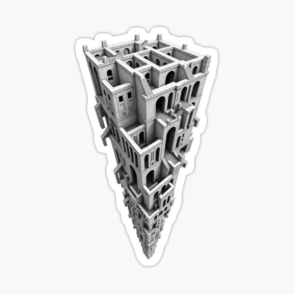 Vista previa del artículo con la obra «Ciudad en Caída Infinita – Camiseta vectorial inspirada en Escher | Ilusión Urbana Imposible | Camiseta de Arte Óptico», diseñado y vendido por WAUZ.