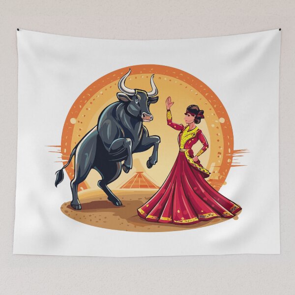 Item preview, Matador Bullfighter Spanish woman in traditional attire and bull, beauty fictional character, Corrida, bullfighting in Spain, bullfighter, bullfight, bullfighter awaiting for the bul designed and sold by Danler.
