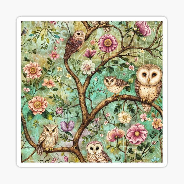 Aperçu de l'œuvre Canopée enchantée – Hiboux dans un jardin de fleurs sauvages créée et vendue par FolkloreShoppe.
