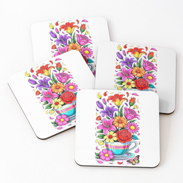 Artikelvorschau, Blumenstrauß in Teetasse – lebendige Cartoon-Blumenillustration in Tasse, wunderliche botanische Kunst mit Schmetterling entworfen und verkauft von Pro AguiZoul Art.