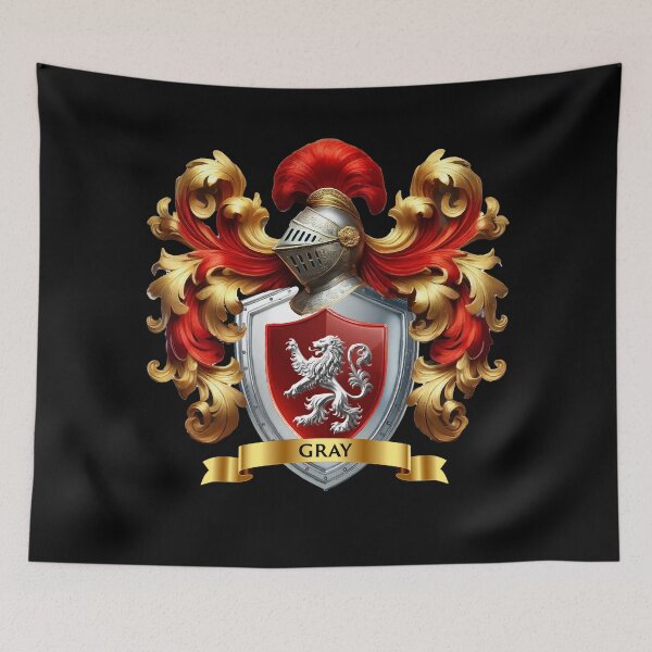 Item preview, Gray Family Crest  Silver Lion of Courage on Crimson Shield of Nobility designed and sold by Highlandkings.