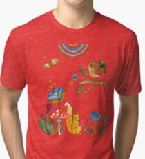 watercolor collection of plants and flowers, bird owl and squirrel under the mushroom Tri-blend T-Shirt