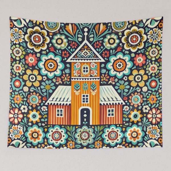 Item preview, Scandinavian Folk Art Cute Church Chapel with Steeple by heidiannemorris © designed and sold by FOLK ART FUSION by heidiannemorris.