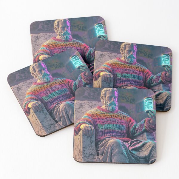 Item preview, Ancient Philosopher in Neon Rainbow Sweater Holding Futuristic Tablet | Vaporwave Street Art designed and sold by weirdfishes123.