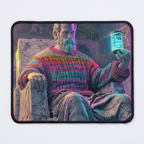 Item preview, Ancient Philosopher in Neon Rainbow Sweater Holding Futuristic Tablet | Vaporwave Street Art designed and sold by weirdfishes123.