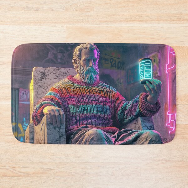 Item preview, Ancient Philosopher in Neon Rainbow Sweater Holding Futuristic Tablet | Vaporwave Street Art designed and sold by weirdfishes123.