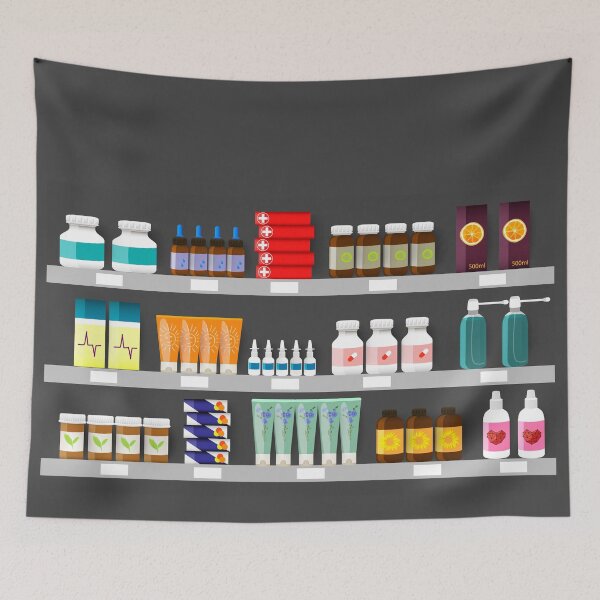 Item preview, Pharmacy shelves with medicine bottles, sprays and pills designed and sold by Familyshmot.