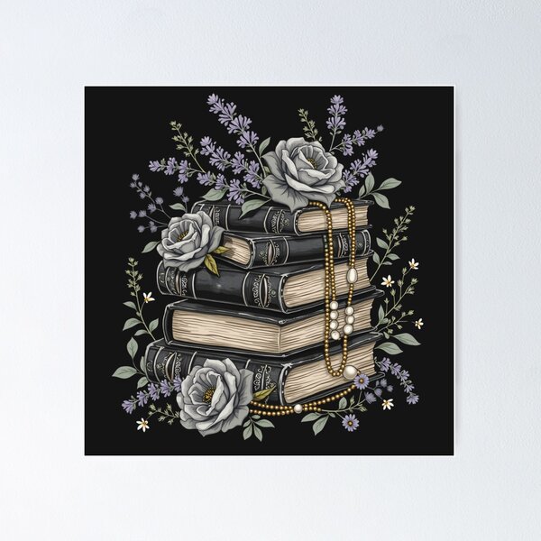 Item preview, Dark Academia Vintage Book Stack with light purple liliac lavander Roses and Pearls – Aesthetic Gothic Floral Library Design designed and sold by Fantasy Cache.