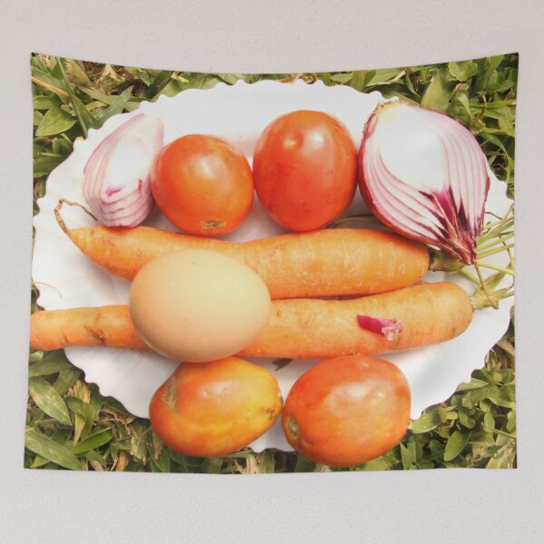Item preview, A plate of food with raw tomatoes,carrots,eggs and onions. designed and sold by Jamesk82.