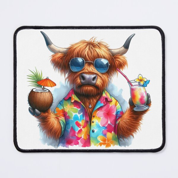 Item preview, Vaca de las Tierras Altas de Escocia en vacaciones tropicales bebiendo cócteles con gafas de sol y una camisa hawaiana de acuarela colorida designed and sold by MaedK.