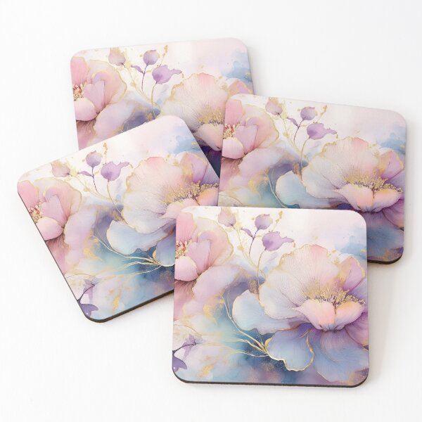 Item preview, Delicate VINTAGE FLOWERS, multicolor and gold wildflower watercolour garden, colourful alcohol ink effect, muted Pastel floral spring painting  designed and sold by navitalidesign.