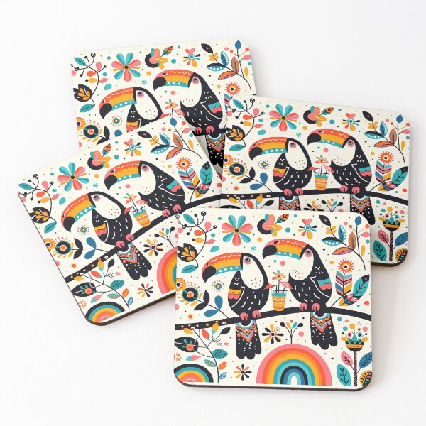 Item preview, Scandinavian Folk Art Two Tipsy Toucans and Rainbow by heidiannemorris © designed and sold by FOLK ART FUSION by heidiannemorris.